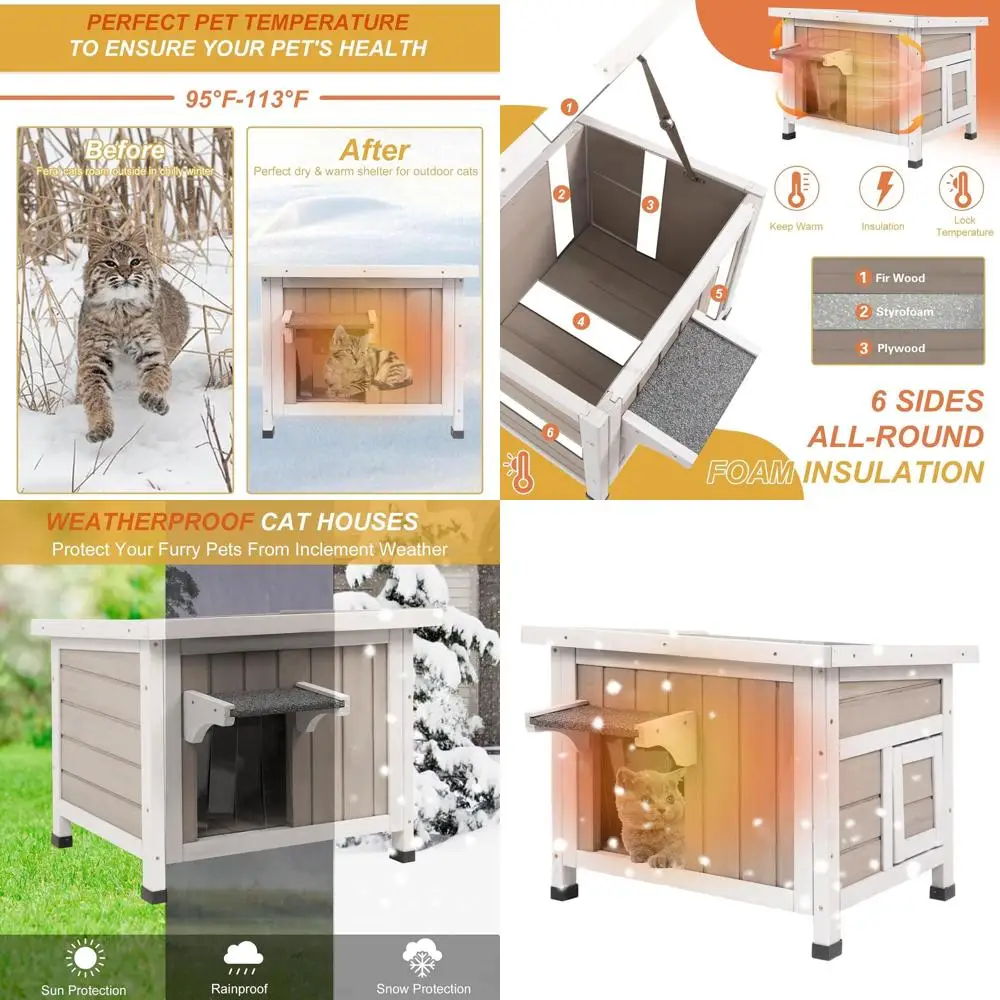 

Утепленный уличный домик для кошек, всепогодный, из массива дерева, легко собираемый, с открывающейся крышей, 22.44x18.43x17.52 дюйма