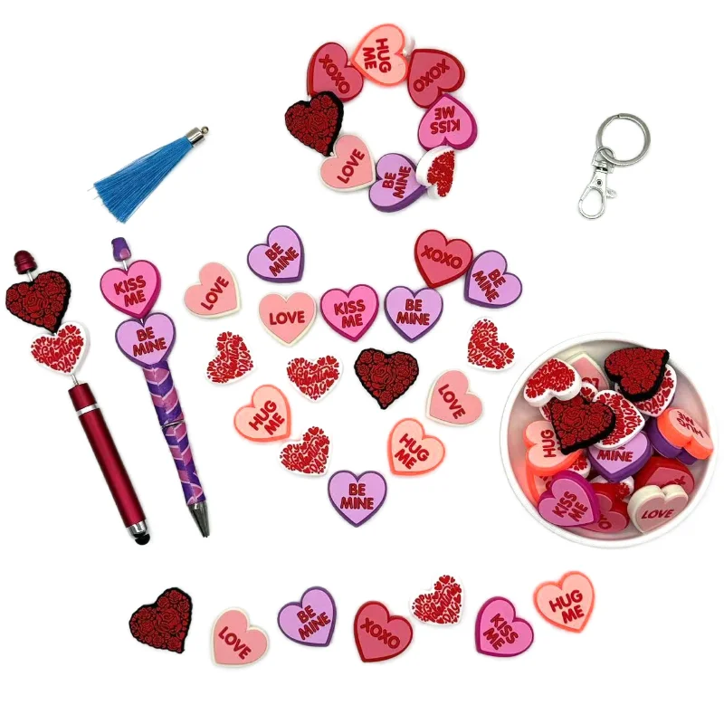 10/20PCS Valentine\'s Day Series Silicone Focal Beads DIY Necklaces Plastic Pen Beads Key Chains Car Decoration Chains Bag Chains