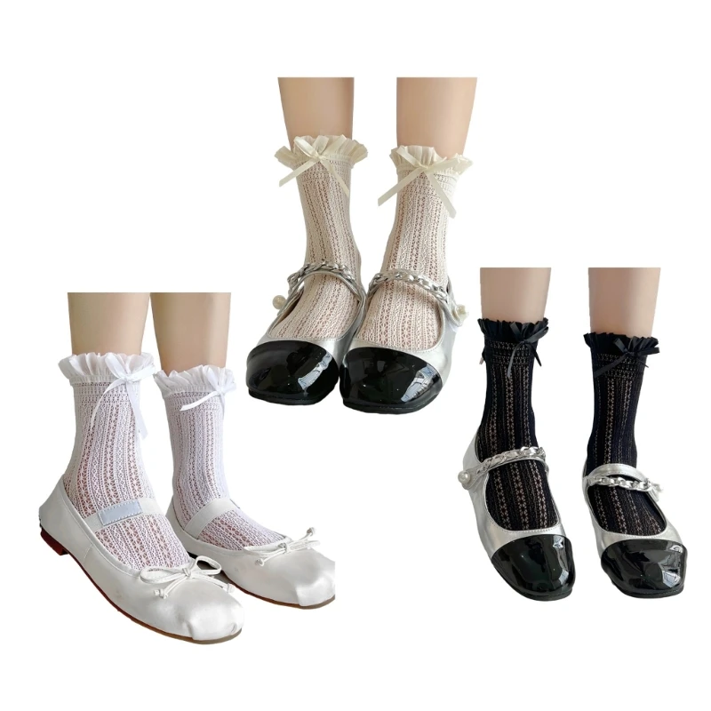 Women Lolitas Socks Sweet Bowknot Ankle Socks Ruffled Over Calf Socks