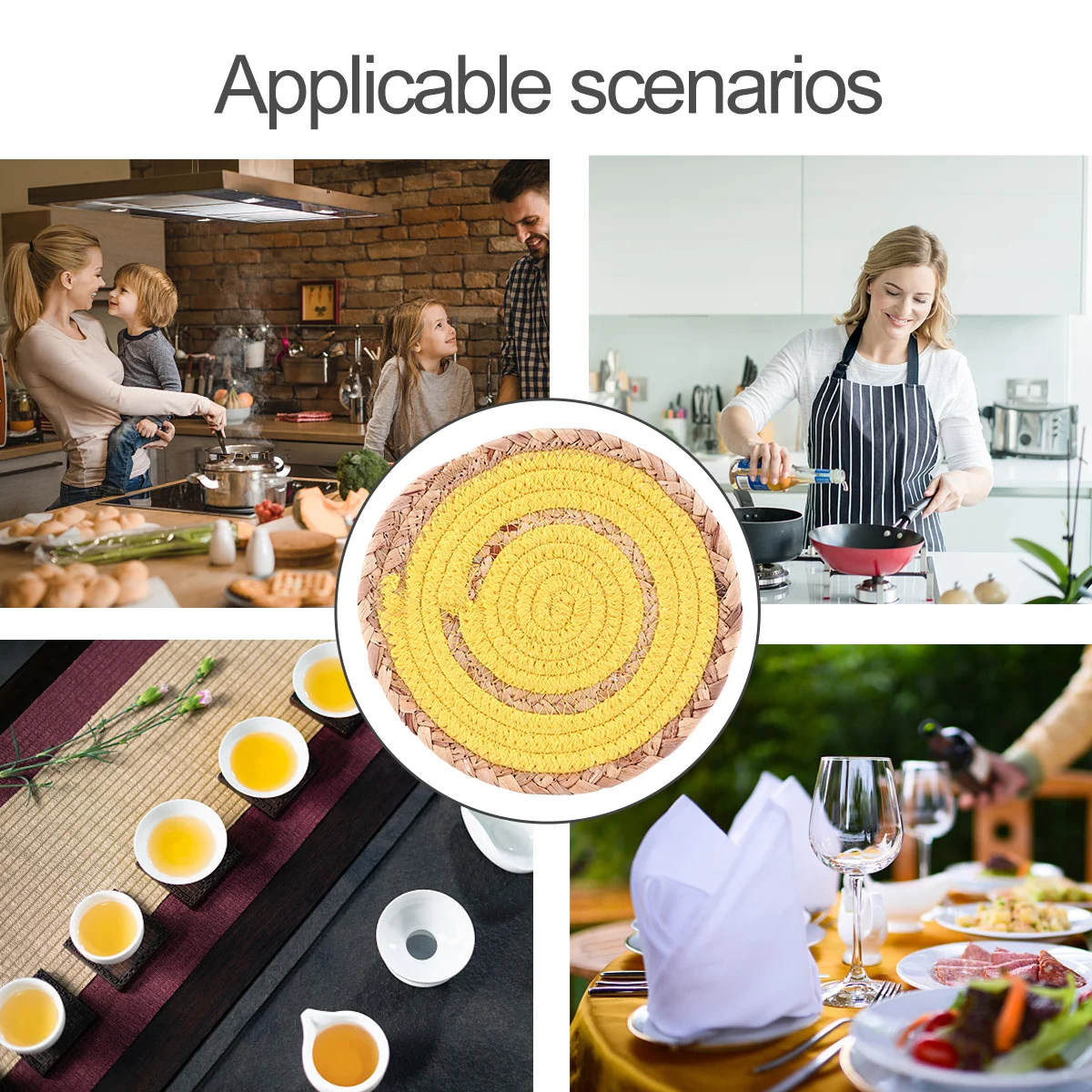 

4Pcs Cotton Straw Placemat Round Heat Proof Table Mat Absorbent Non Slip Cup Mat for Dining Feast Decorative Japanese Inspired