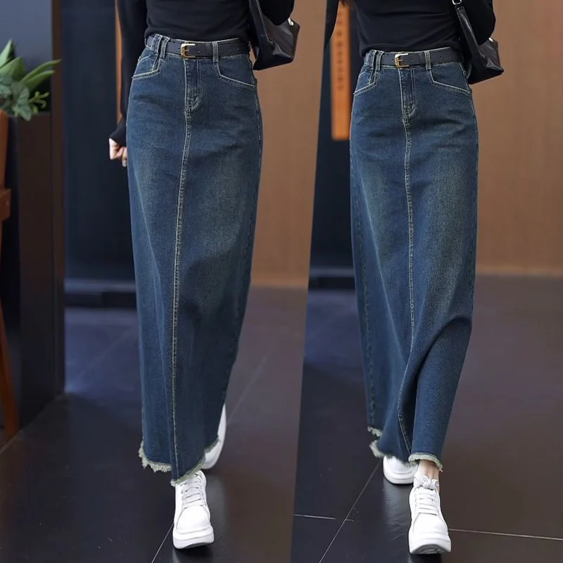 Ladies Large Size 4XL Cowboy Length Skirts Korean Women Fashion Denim Skirt Autumn Feminine High Waist Casual Bag Hip Maxi Skirt