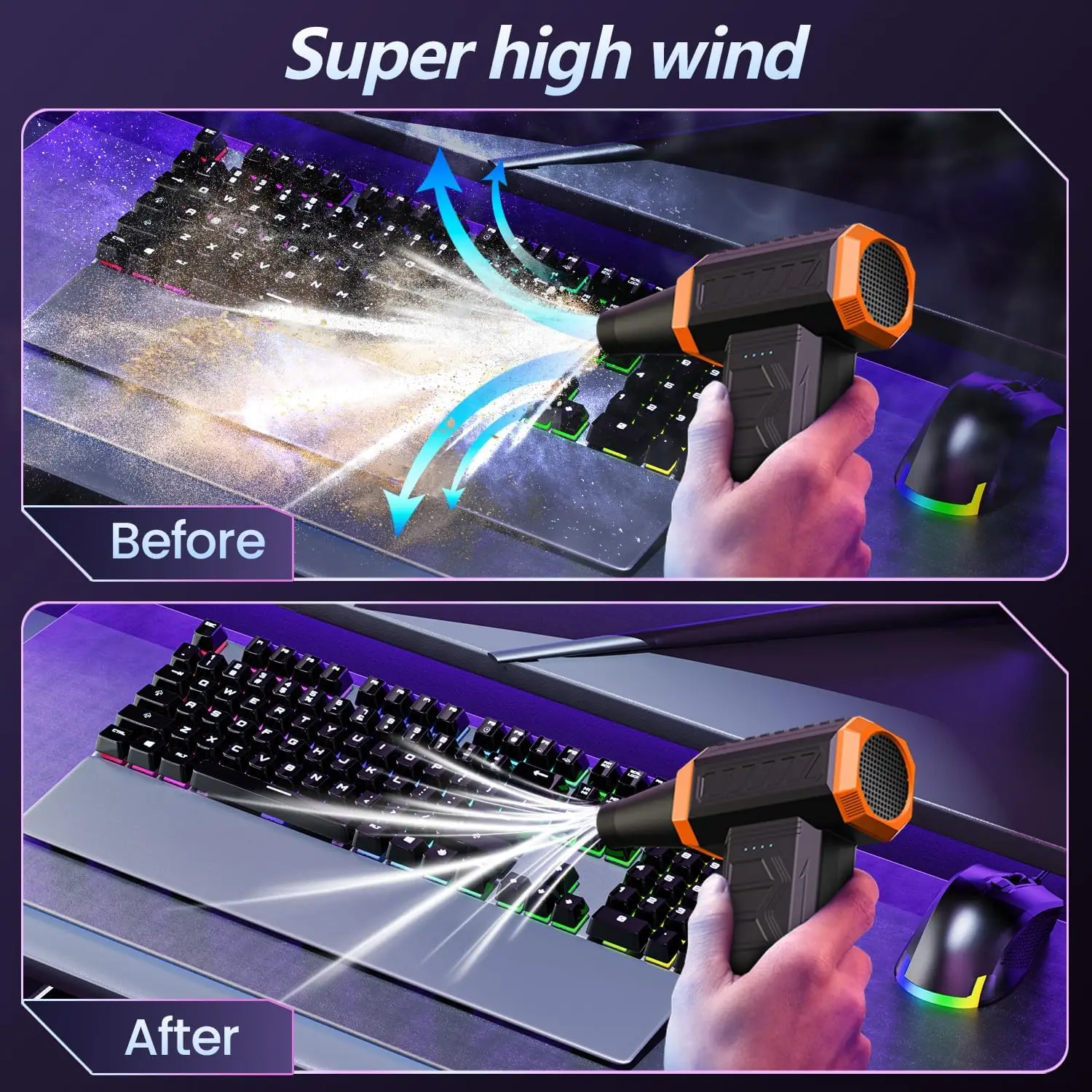 منفضة هواء كهربائية 320,000 دورة في الدقيقة منفاخ هواء مضغوط بقدرة 7600 مللي أمبير في الساعة قابل لإعادة الشحن، لوحة مفاتيح LED 3 سرعات للكمبيوتر/منفاخ تنظيف