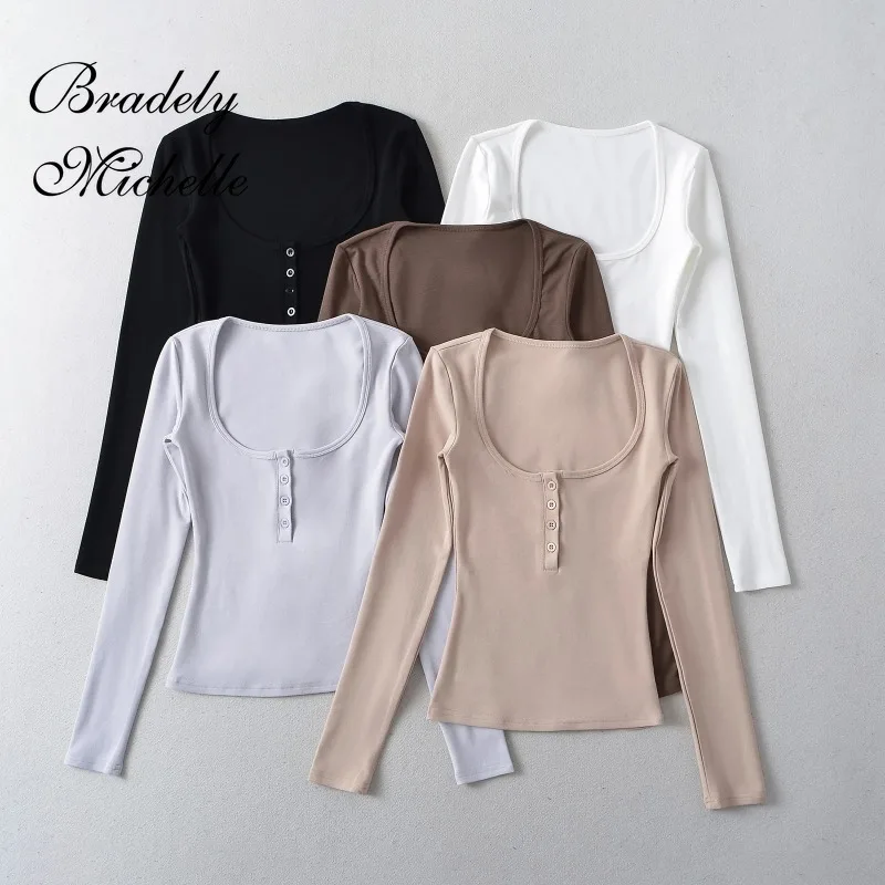 Solid Color Square Collar Spring Women Long Sleeve Tops Single-breasted Sexy Pullover Solid Bottoming Blouses T-shirt