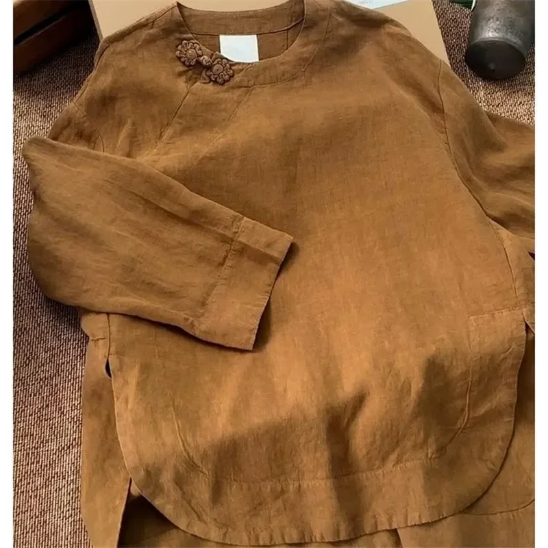 

Fashion Coffee Breathable Cotton Linen Blouse Women Autumn New Loose O Neck Long Sleeve Frog Button Female Shirts Womens Tops