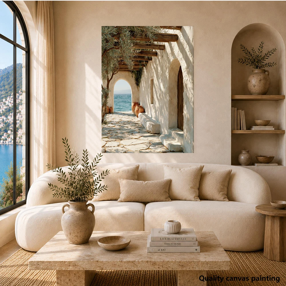 Print wall art of a Greek coastal terrace, painting of a whitewashed seascape pergola and olive trees, Mediterranean decor. no f