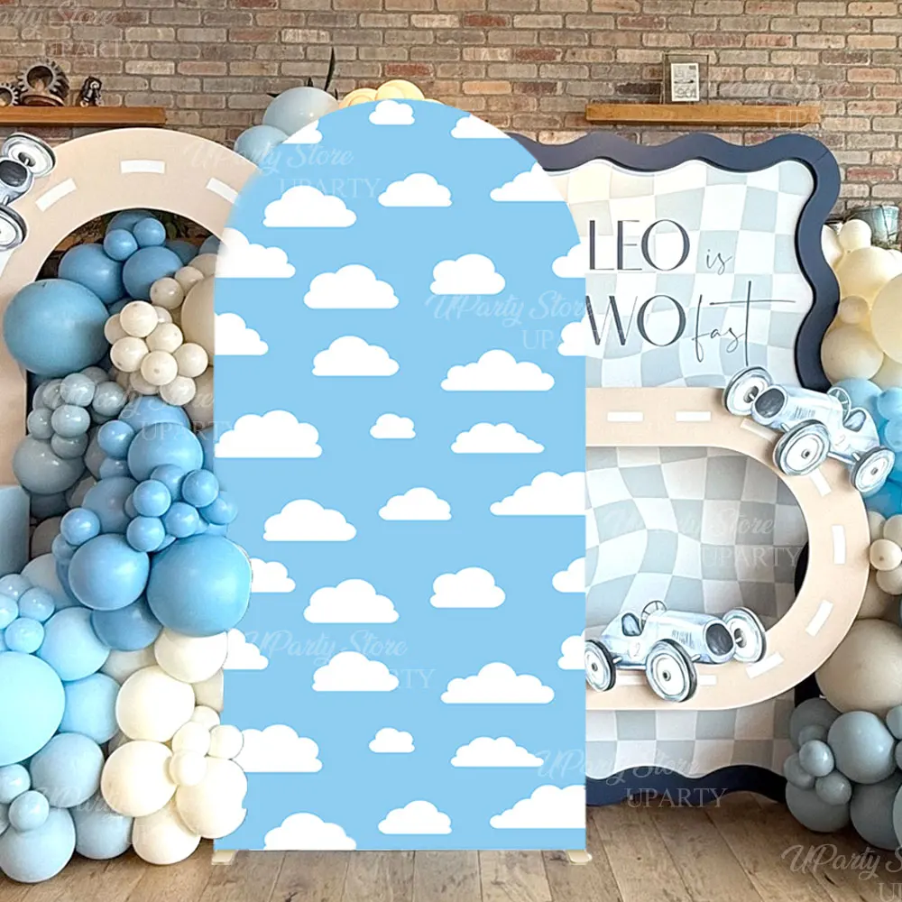 Weißer Wolkenbogen-Hintergrund, blauer Himmel, Wolke, bedruckt, Chiara-Oberteil, runder Standbogen-Abdeckung für Babyparty, Pilot, Geburtstagsdekoration – Detail 6