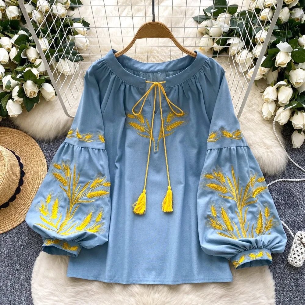 Neploe Vintage Heavy Ethnic Style Panelled Shirt Lace Up O Neck Embroidery Lantern Blouses Western Loose Casual All-match Blusas