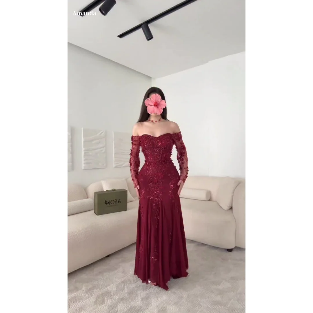 

Amanda Customized Red Off The Shoulder Long Sleeves Prom Dress Backless vestidos de noche Floor-Length A-line Formal Evening