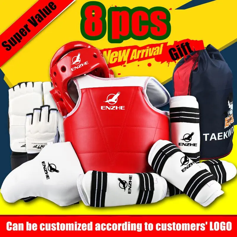 

8pcs High Quality Taekwondo Protectors Suite WTF Approved Shin Forearm Chest Guard Karate Helmet Groin Guard TKD Glove Shoeswear