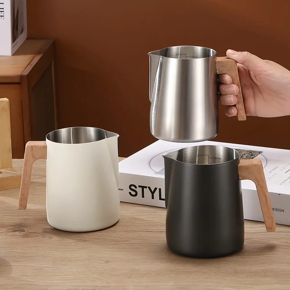 

Coffee Milk Frothing Pitcher Jug 304 Stainless Steel Precision Scale Anti-scald Wood Grain Handle Professional Coffee Utensils