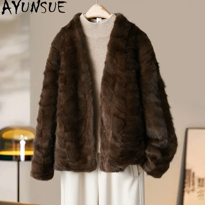 

Шуба женская AYUNSUE из натурального меха норки, роскошная зимняя теплая меховая куртка с V-образным вырезом, стильная верхняя одежда, топы с длинными рукавами для женщин