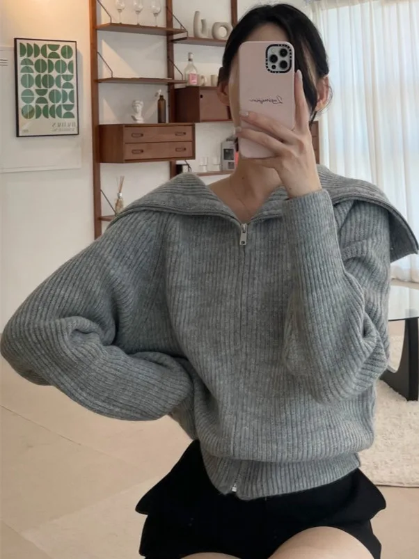 

Темно-синий свитер с воротником в стиле ретро, женский свободный универсальный вязаный топ высокого класса для поездок на работу, с застежкой-молнией в виде летучей мыши