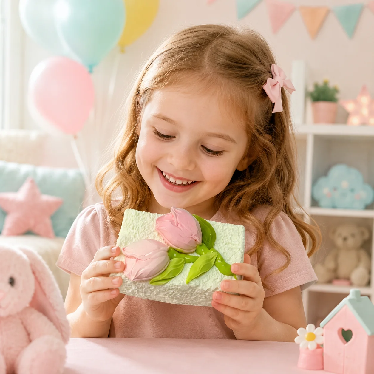 Food Grade Silicone Rectangle Cake Squishy Toy Pink Tulip Flower Decor Soft Mochi Squeeze Fidget Toy Stress Relief Sensory Gift