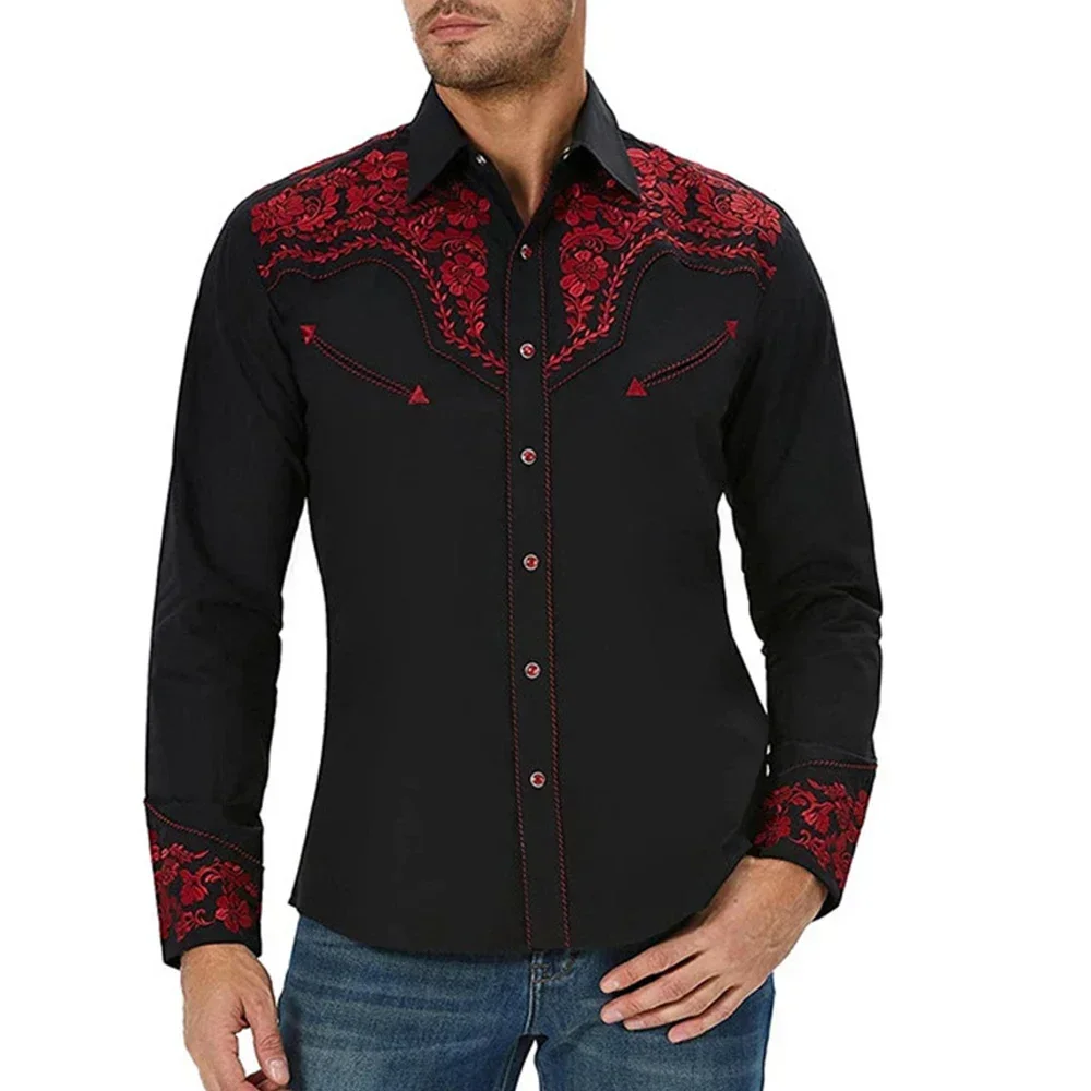 Retro Man Shirts And Blouses Western Graphic Print Long Sleeve Casual Vintage Slim Single Breasted Tops Clothing Shirt For Men