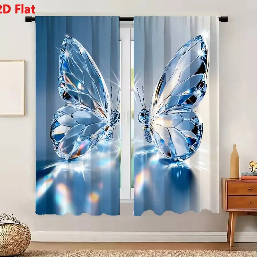 2Pcs Curtains 2D Flat Crystal Clear Butterfly Sculptures Facing Each Other With Faceted Diamond - Like Wings Shining Sparkling L