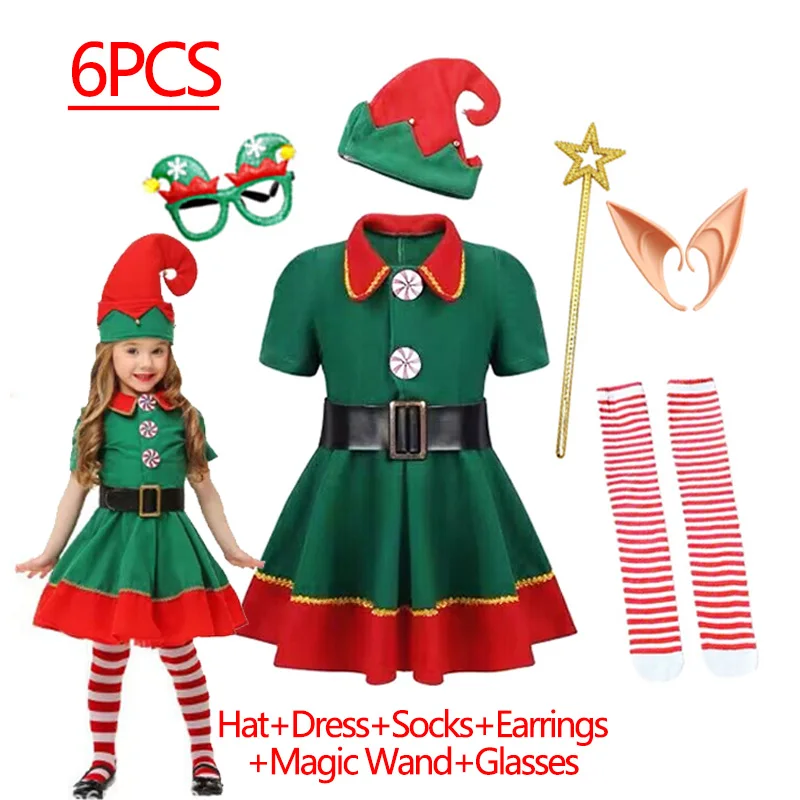 Christmas Santa Claus Costume for Girls Boys Cosplay Green Elf Carnival Party 2025 New Year Fancy Dress Kids Xmas Clothes Set