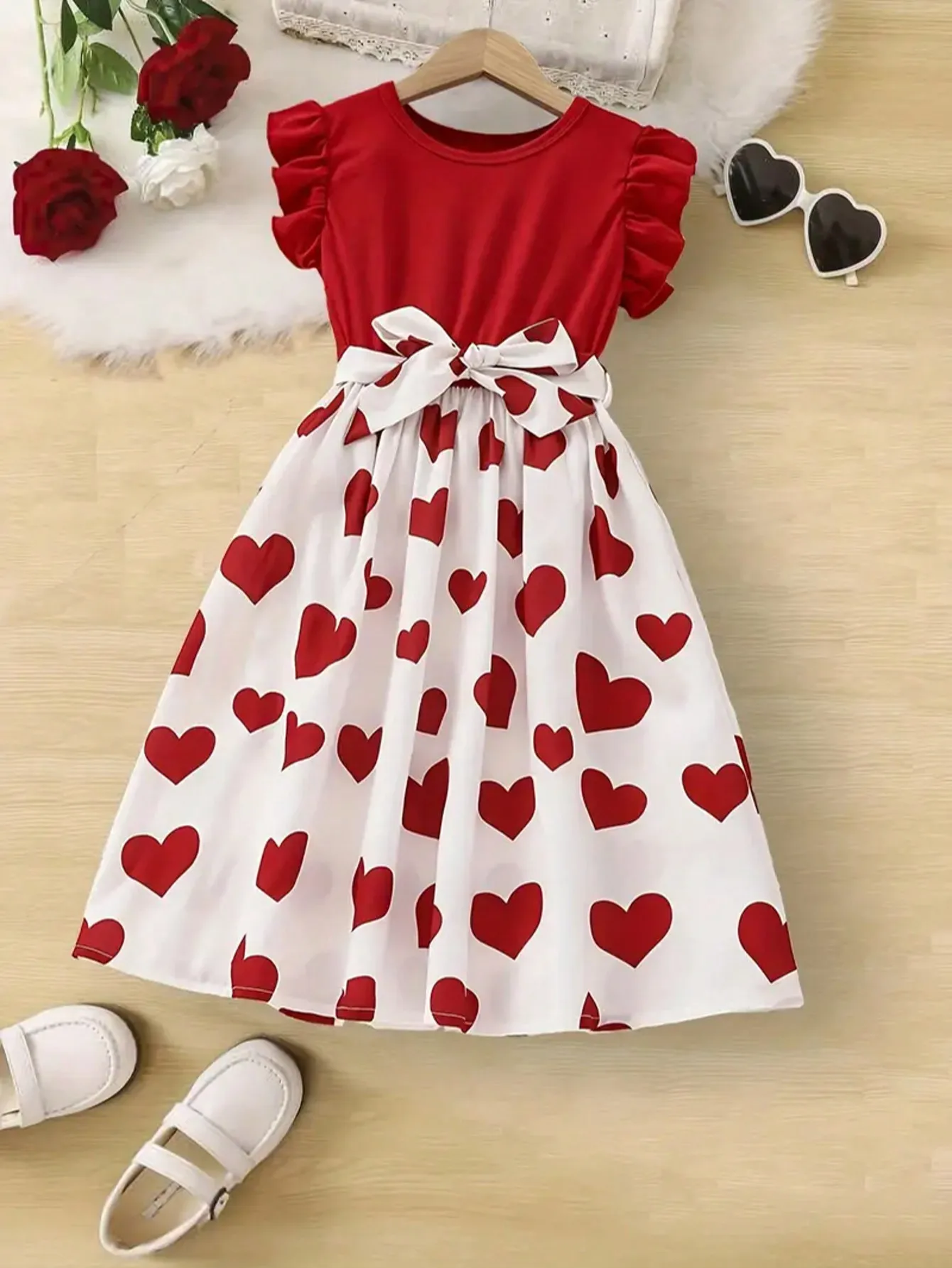 Sweet and elegant girl spliced heart-shaped pattern belt dress, summer party Valentine's Day, popular style
