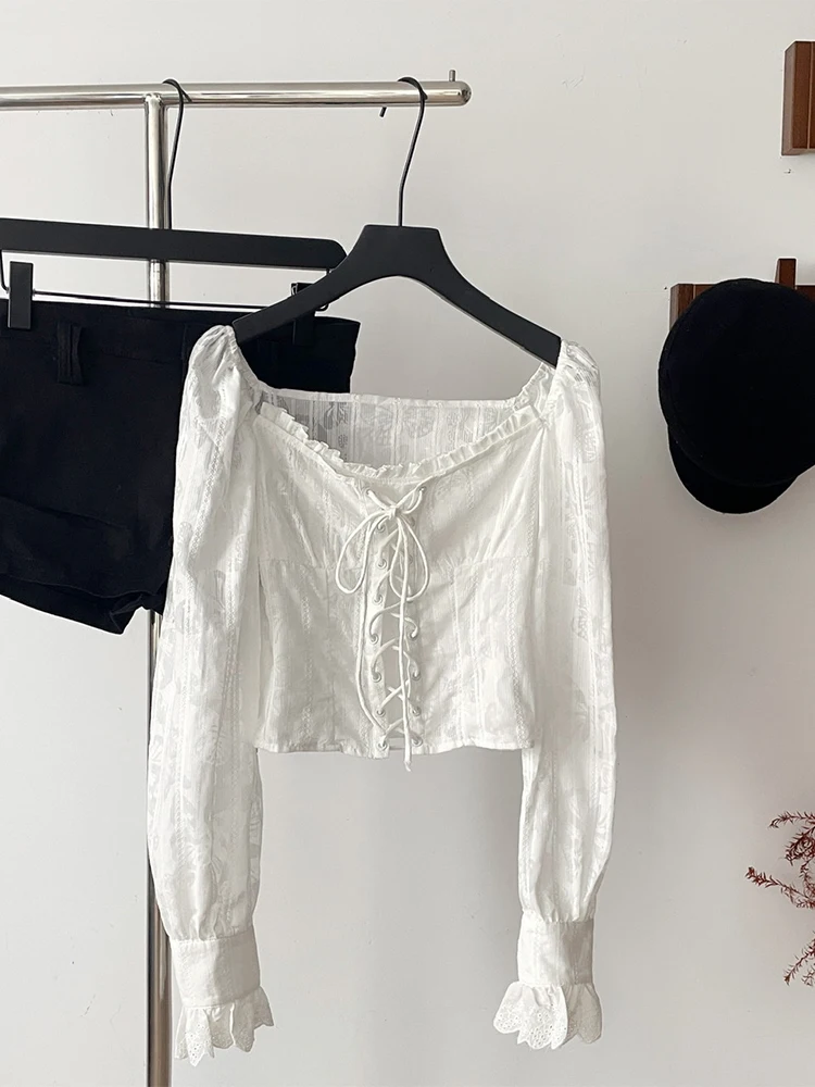 Women's White Shirts and Blouses Y2k Aesthetic Streetwear Vintage Korean 2000s Elegant Long Sleeve Square Collar Shirt Clothes - Image 4