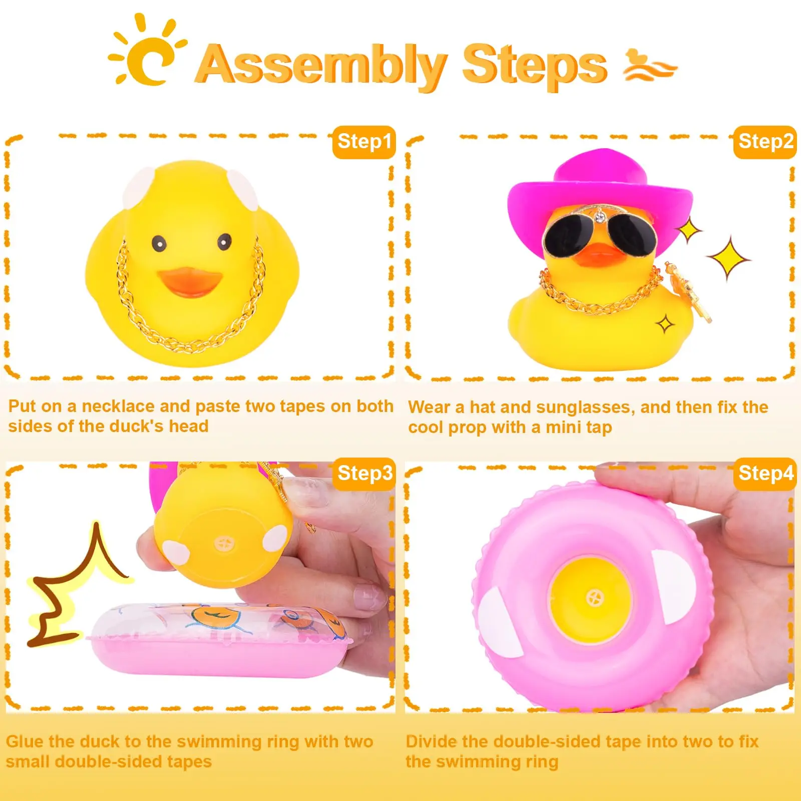 2 Set Car Rubber Duck Rubber Duck for Jeeps Ducking Decoration Dashboard with Sun Hat Swim Ring Necklace Sunglasses