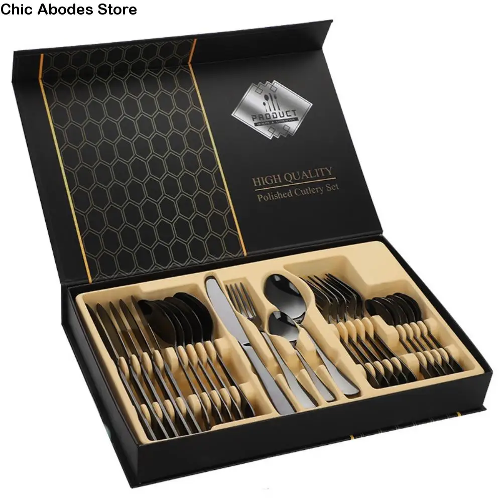 

24 шт. пищевой набор столовых приборов с коробкой, легкий роскошный декор, набор ложек и вилок для ужина, портативная минималистичная посуда из нержавеющей стали