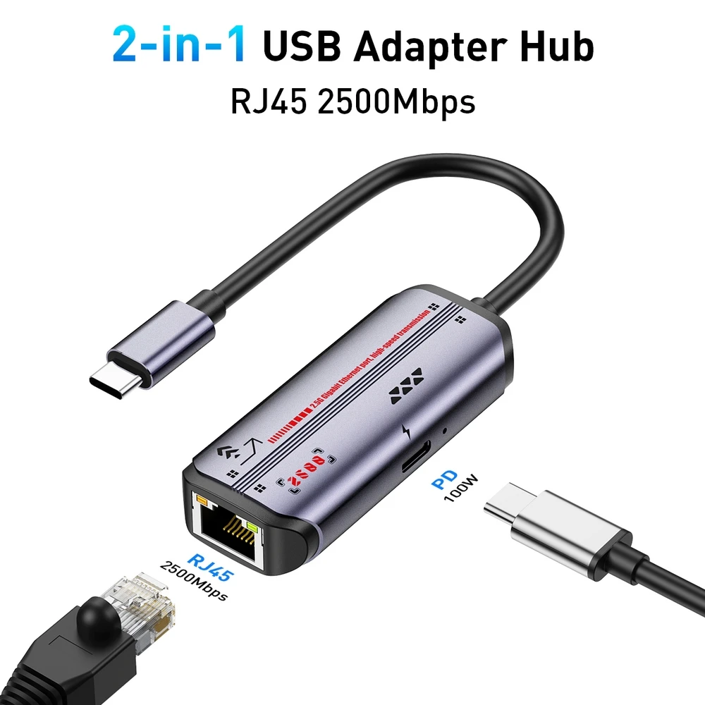 2.5G USB C Ethernet Adapter 2.5Gbps/1000Mbps RJ45 PD 100W Charging Aluminum Compact for Laptop Tablet Desktop Gaming Work Travel