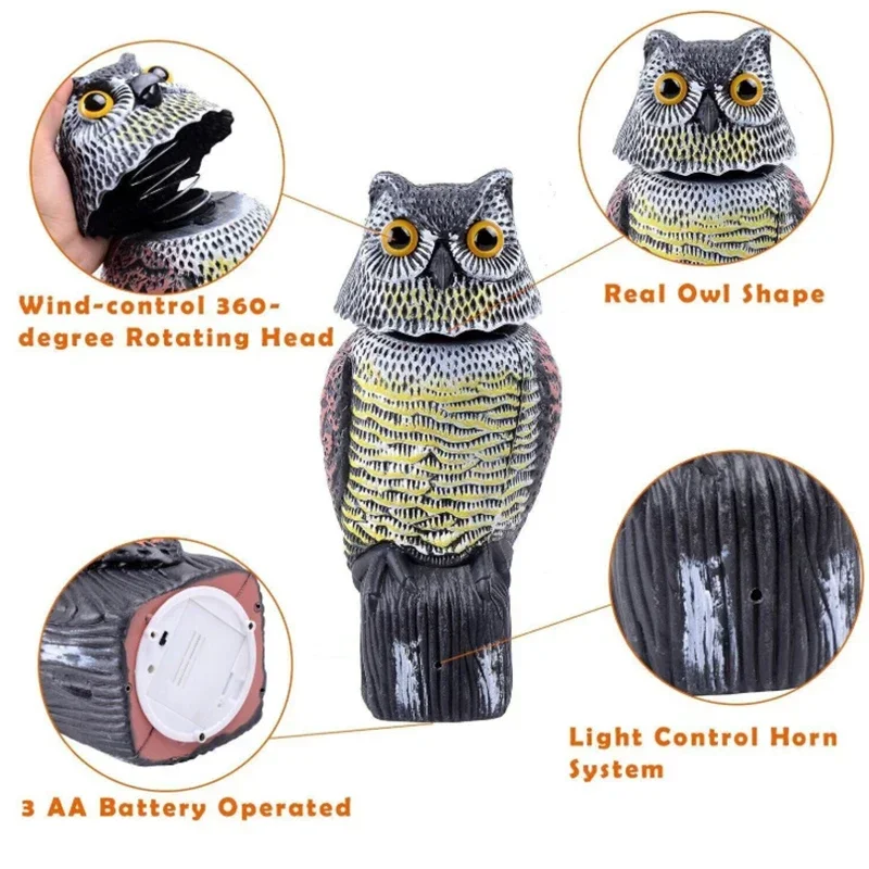 Outdoor Large Realistic Owl Decoy with Rotating Head Bird Pigeon Crow Scare Scarecrow Pest Simulation Plastic Protects Garden