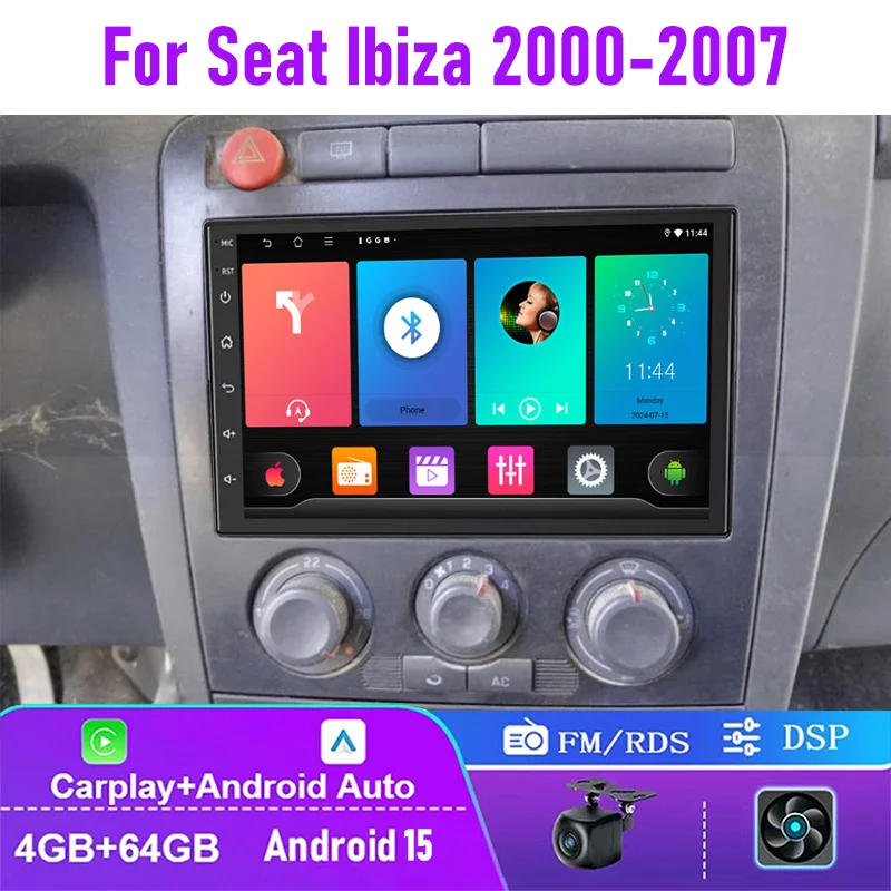 

7" 4+64GB For Seat Ibiza 2000-2007 Car Radio Wireless Carplay Android 15 Auto Google Map Head Unit Rear Camera
