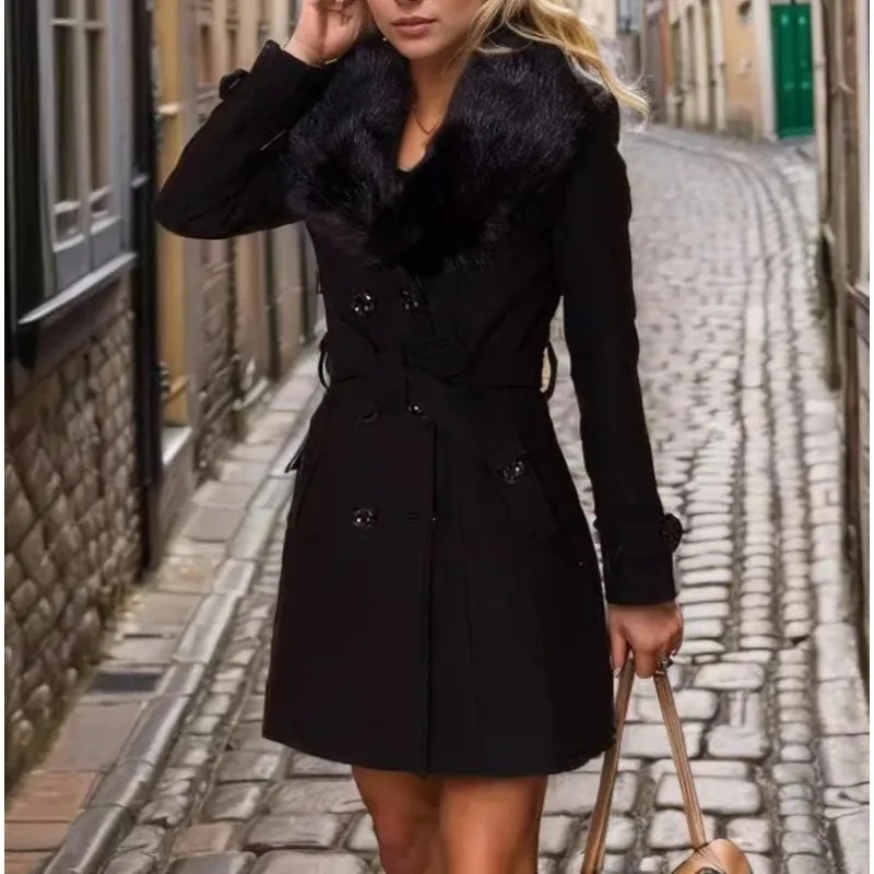 

2025 Autumn/Winter Long-Sleeved Slimming Waist-Controlling Collar Fur-lined Wool Coat