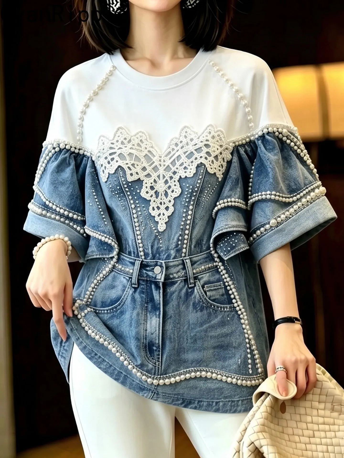 High Quality New Spring Summer Loose Women T-shirt Colorblock Elegant Lace Beads Round Neck Pullover Top Oversize Casual Tees