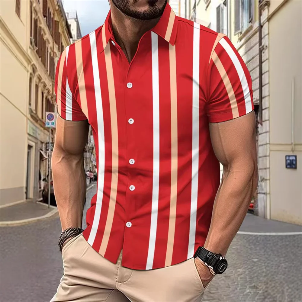 Striped Men's Business Casual 3D Printed Shirt Outdoor Street Summer Lapel Short Sleeve XS-5XL Stretch Fabric Shirt 2025
