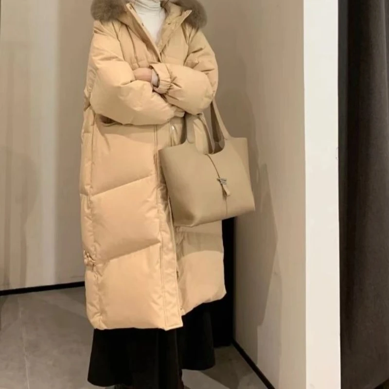 

Down and Cotton Jacket for Women 2025 New Winter Thick Mid To Long Style, Over The Knee Fur Collar Loose Jacket