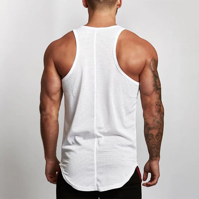 Gym Bodybuilding Muscle Sleeveless Men Casual Fashion Rounded Hem Tank Tops Summer Mesh Quick Dry Breathable Cool Feeling Shirt