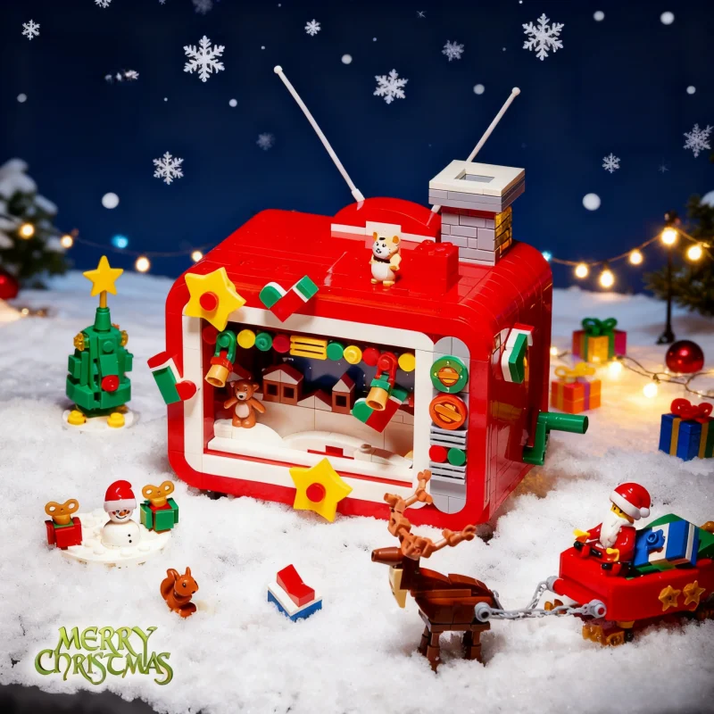 

OUZEY Holiday TV & Train Set, Mini Block Building Toy, Christmas Themed DIY Model for Kids Collection