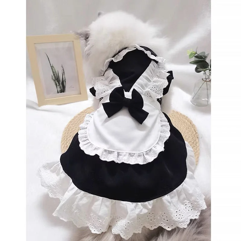 Treasure Meow House Pastoral Maid Dress Spring/Summer Thin Cute Cat Clothes Cat Dog Black and White Pet Princess Dress