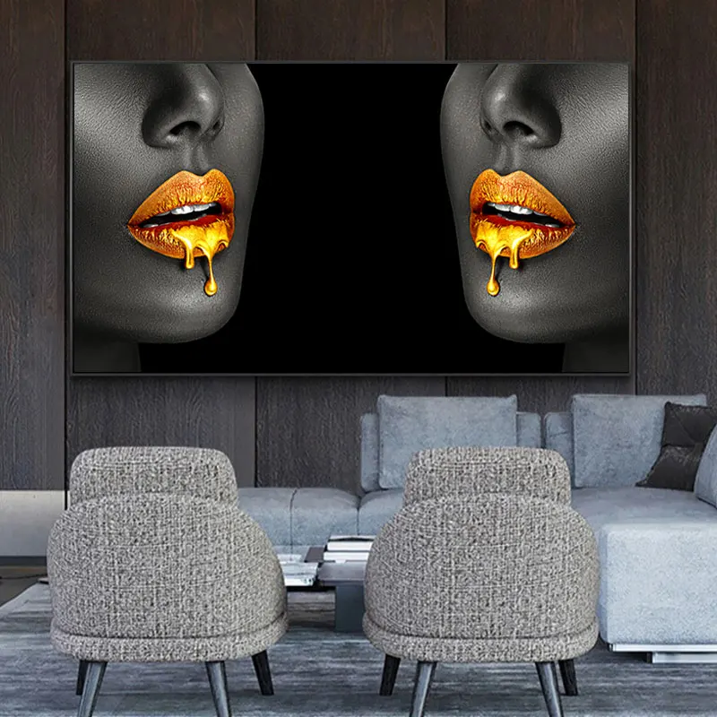 Large Size Black Women with Golden Sexy Lips Oil Paintings on Canvas Modern Wall Cuadros Pictures Home Living Roon Decor Unframe