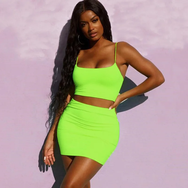 2-teiliges Set für Damen, Sommer-Träger, abgeschnittene Oberteile und hoch taillierte Rock-Anzüge, sexy Club-Solid, figurbetonte Miniröcke, lässige Camis – Detail 9
