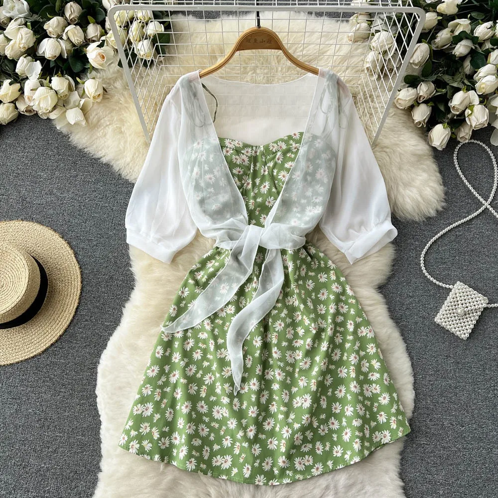 YuooMuoo Floral Print Two Piece Dress Women 2024 Summer Slim Fitness Straps Mini Dress + Shawl Vacation Fashion Beach Outfits