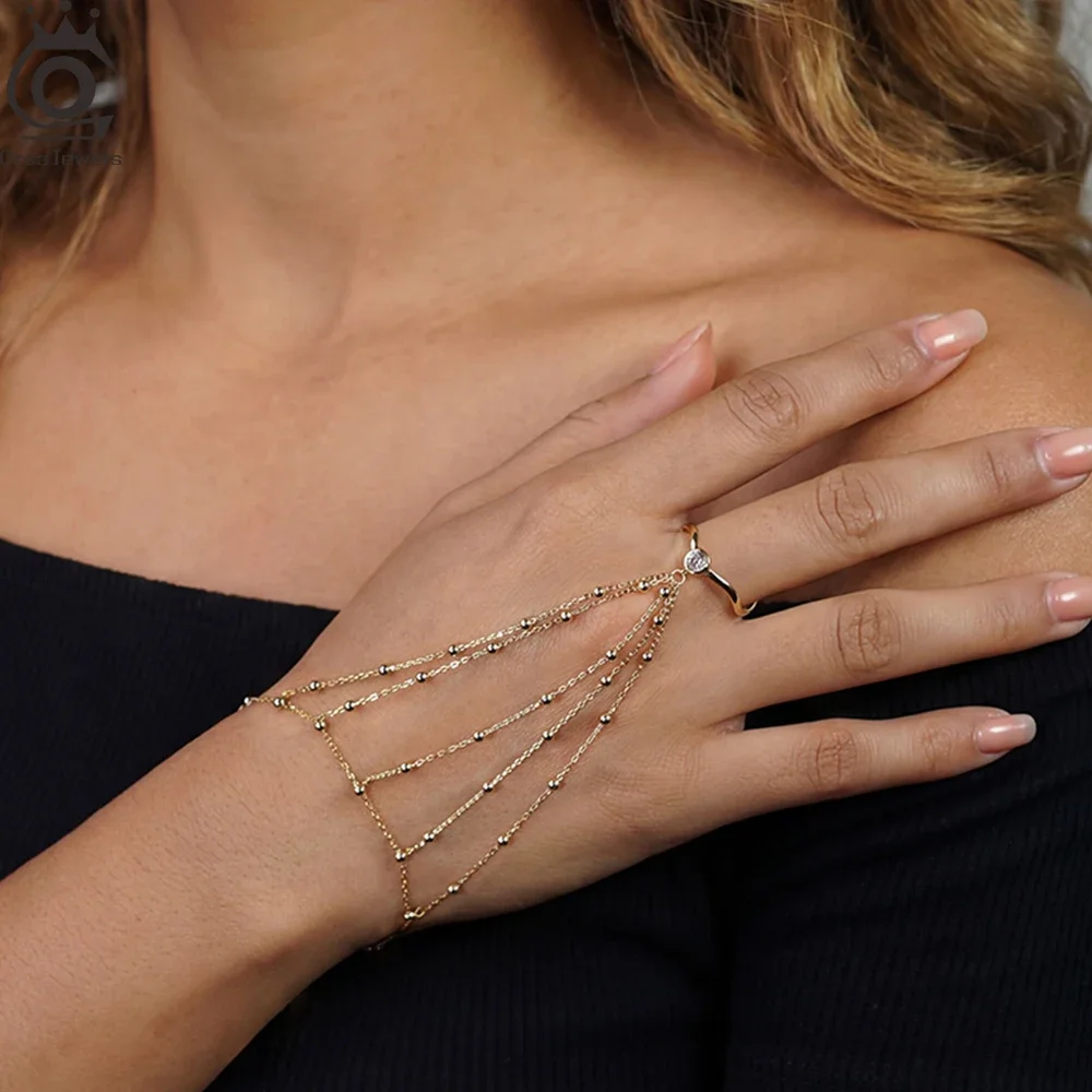 ORSA JEWELS 925 Sterling Silver Chain Connected Finger Ring Bracelets for Women Vintage Ball Beads Link Bracelet Jewelry APV04