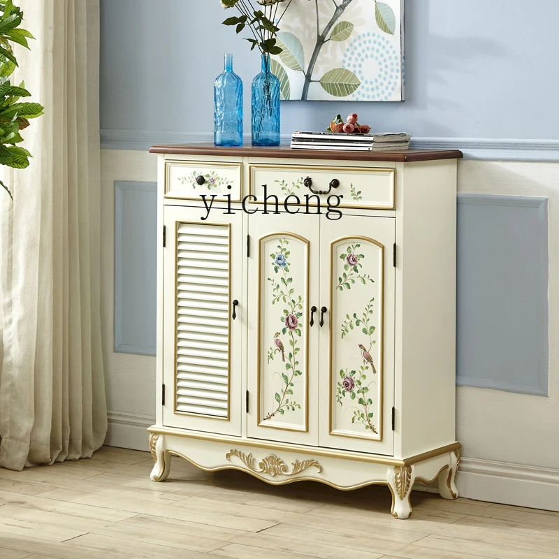 ZF Country Double-Door Shoe Cabinet Entrance Locker with Drawer Large Capacity Painted Solid Wood