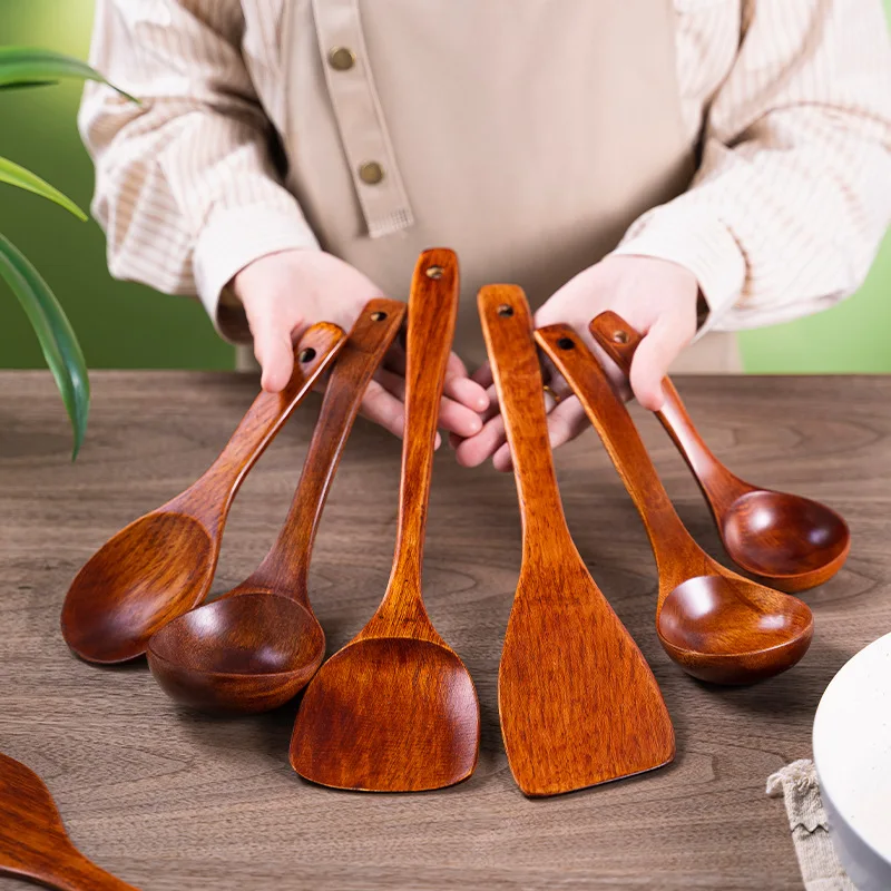 Natural Kemu Wood Spatula Set Non Stick Cooking Turners Soup Ladle Long Handle Kitchen Utensils for Home Gift