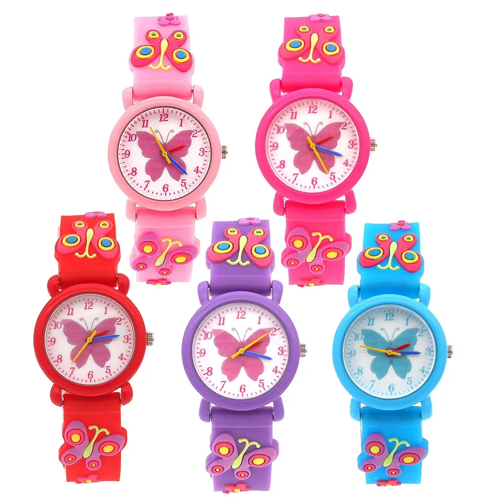 5Pcs Kids Quartz Watch with Silicone Strap 3D Colorful Butterfly Design Sweet Movement Children Wristwatch Gift for Boys & Girls
