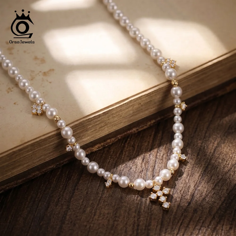 ORSA JEWELS Elegant Shell Pearl Choker Necklace for Women 925 Silver Cross Zircon Pearl Chain Dainty Wedding Jewelry PSN16