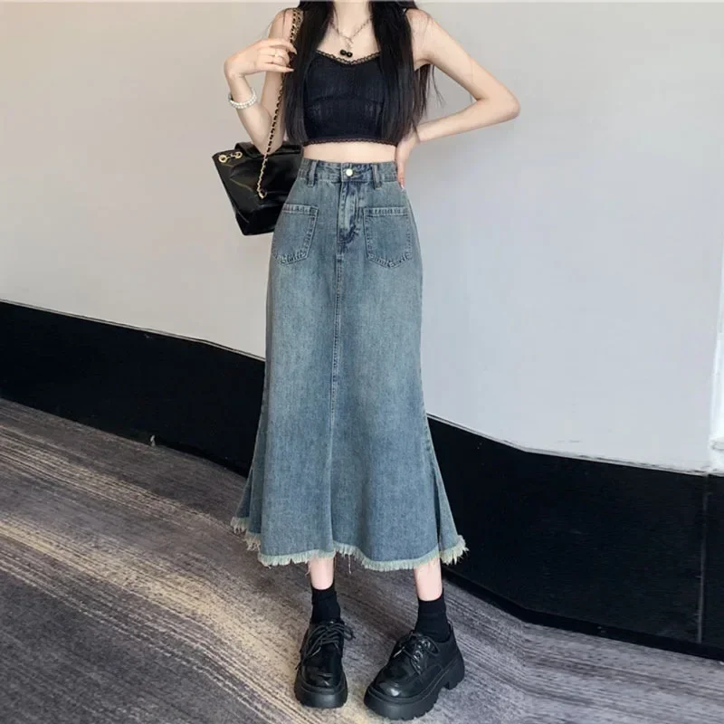 

Women's Long Jeans Skirt High Waisted Fringe Denim Bag Skirt Retro High Waisted Fishtail Denim A-Line Loose Casual Skirt