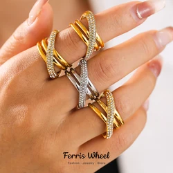 Chic Stainless Steel Rings for Women Inlaid CZ Women Rings Wedding Banquet Charm Rings Waterproof Gold Plated Jewelry