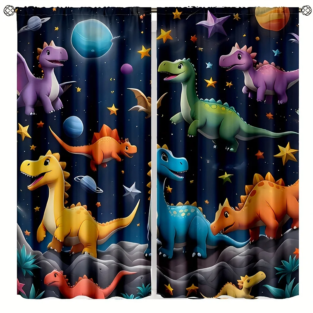 Cartoon Dinosaur Space Curtains, Colorful Dino & Planet Print Blackout Drapes for Kids Room, Galaxy Star Pattern Boys Girls