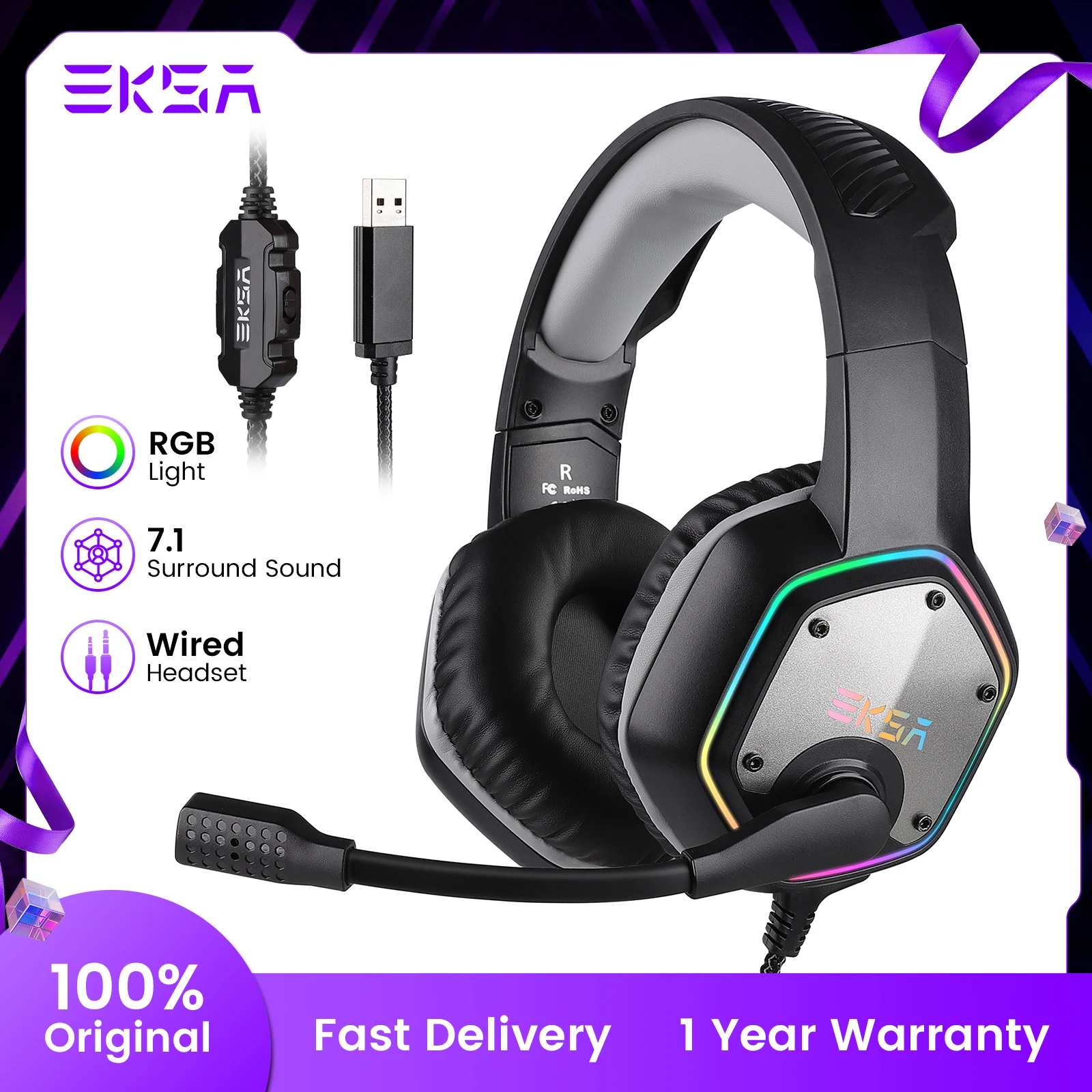 

EKSA E1000 RGB Gaming Wireless Headphone with Mic Over-Ear Headphones 7.1 Surround Sound Wired Headset For PC PS4/PS5