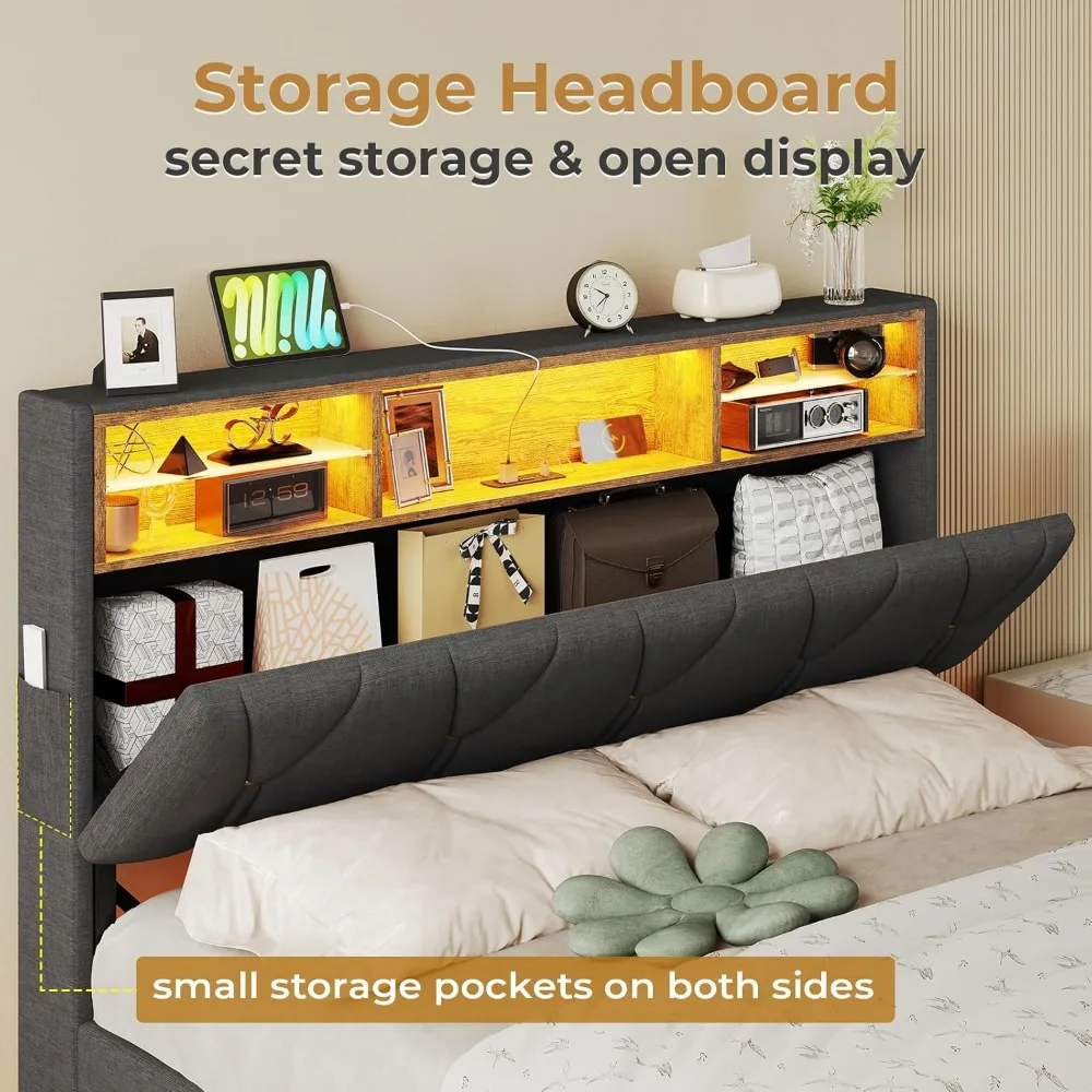 Upholstered LED Lighted Storage Bed Frame with Outlets and USB Ports - Full Size Bed Platform with Headboard