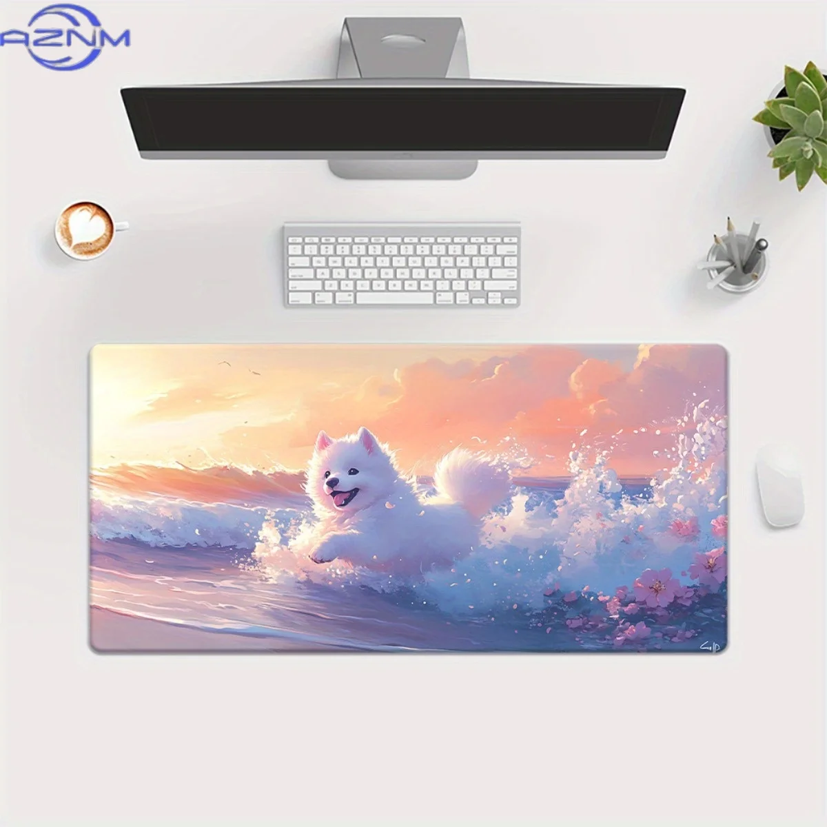 1pc XXL Gaming Mouse Pad & Desk Mat - White Dog Running by Seaside Sunset Design, Non-Slip Rubber Base, Large Keyboard & Mouse M