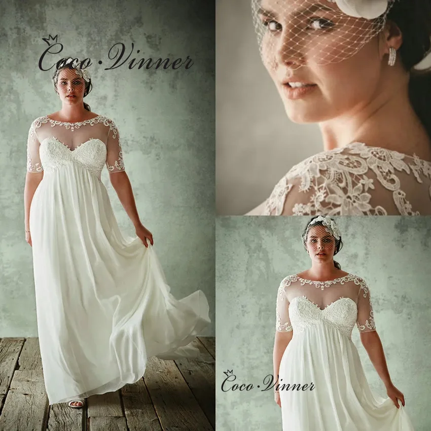 

Customized Short Sleevels Plus Size Wedding Dresses A line Sheer Neck Lace Appliques High Waist Pregant Wedding Dress W1351