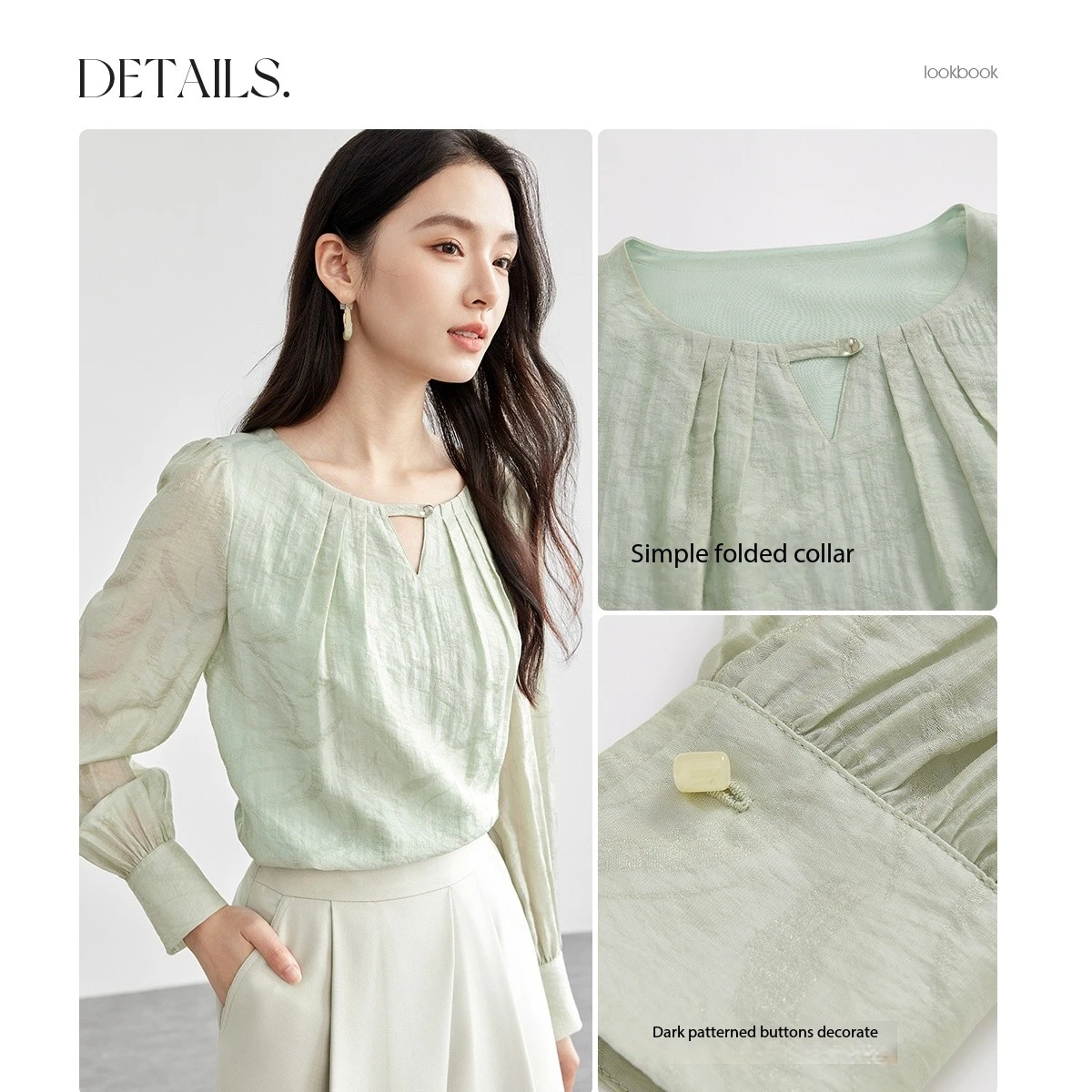 SENTUBILA Women Chinese Style Blouses Lyocell 2025 Elegant Hollow-Out Folds Commute Round Neck Long Sleeve Shirts 151V57941